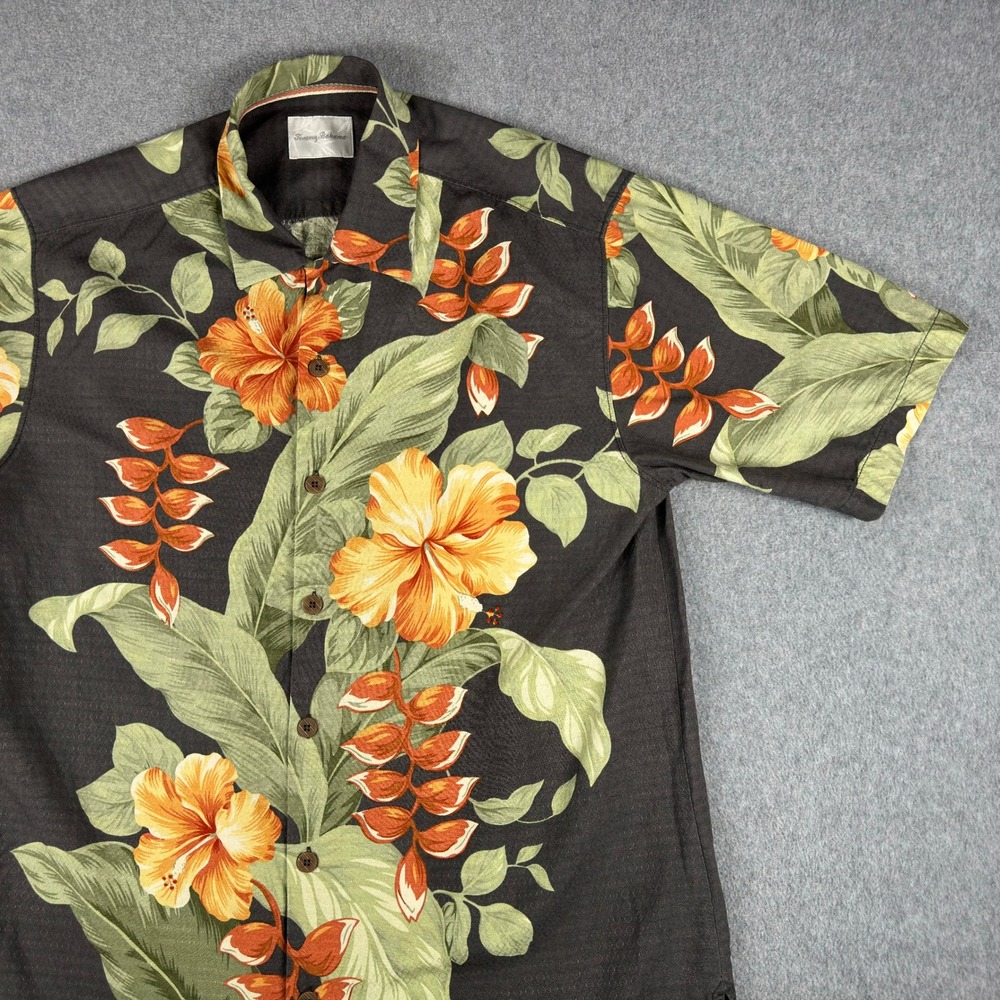 Tommy Bahama Shirt Mens S Gray Floral Silk Button Up Short Sleeve Tropical